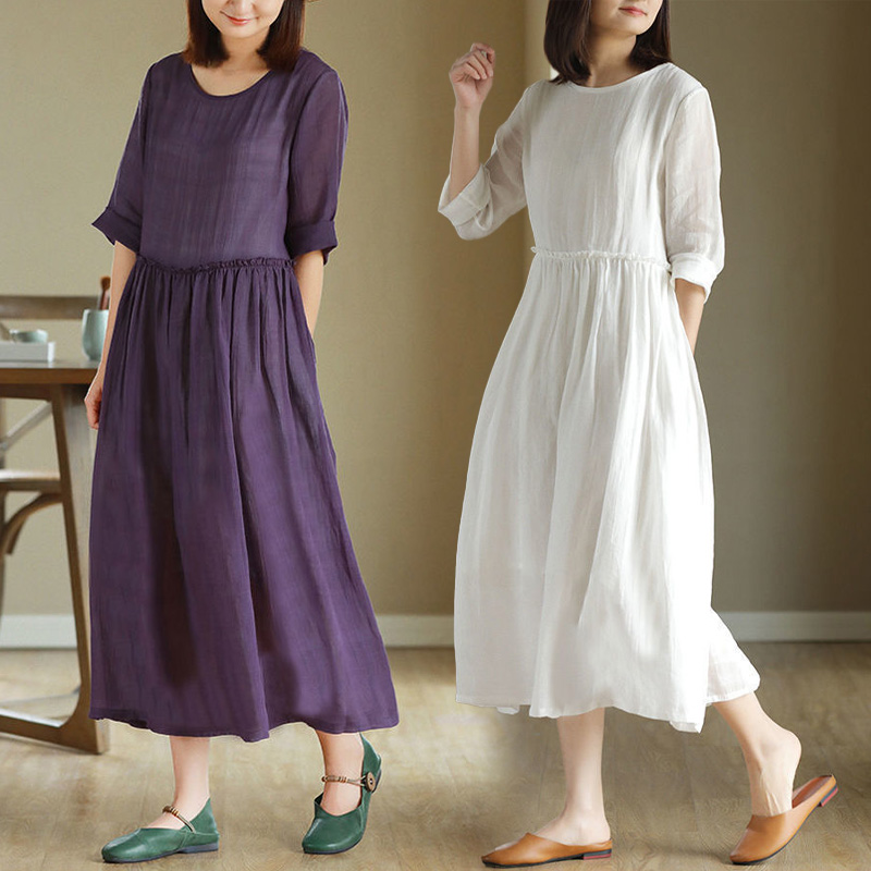 Cotton linen plus size loose dresses